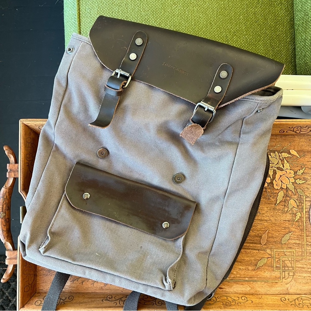 James Campbell Gray Canvas and Brown Leather Backpack